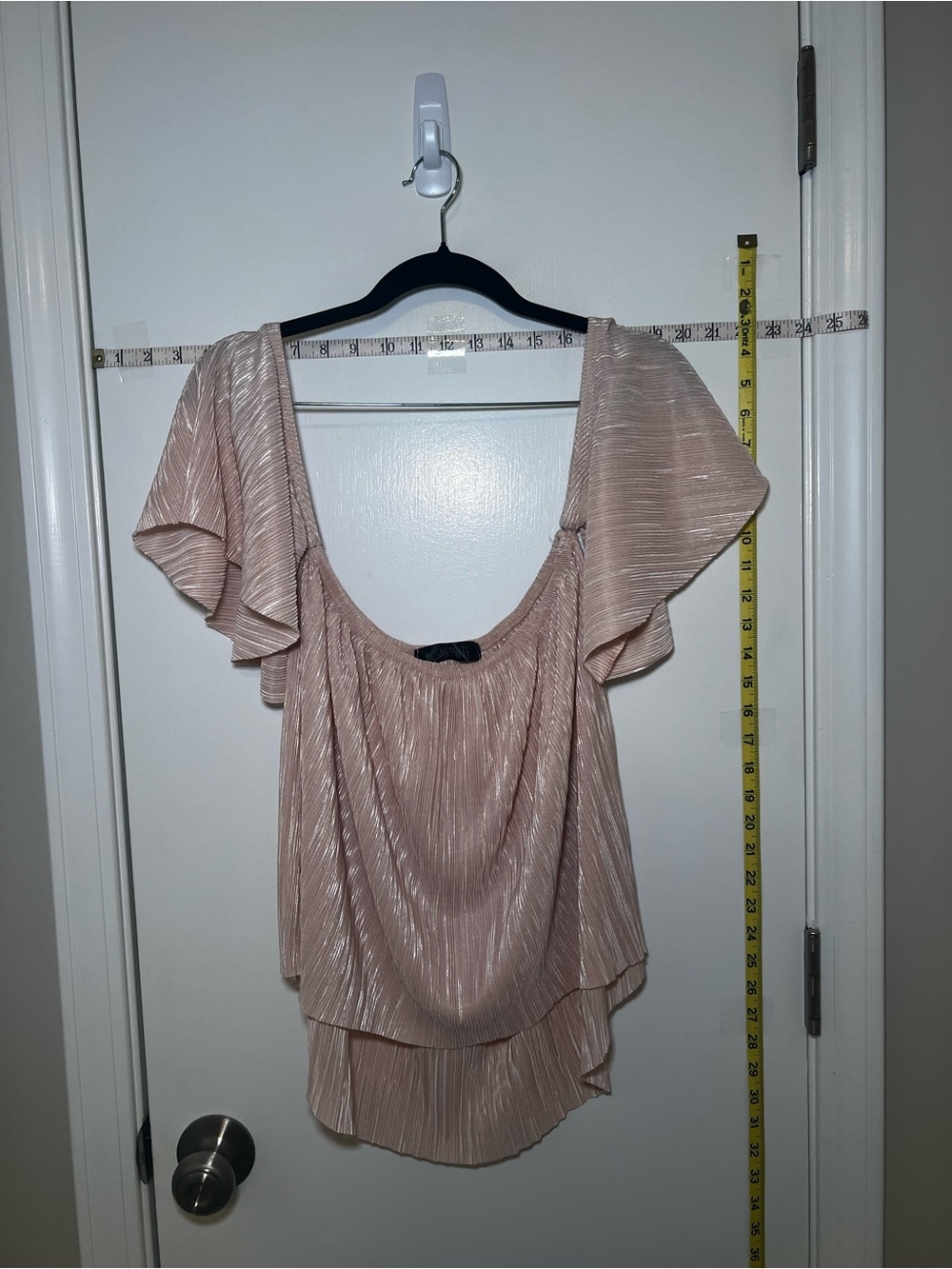 Shimmery Pearlescent Blush Pink Ruffled Pleated Scoop Neck Off the Shoulder Top